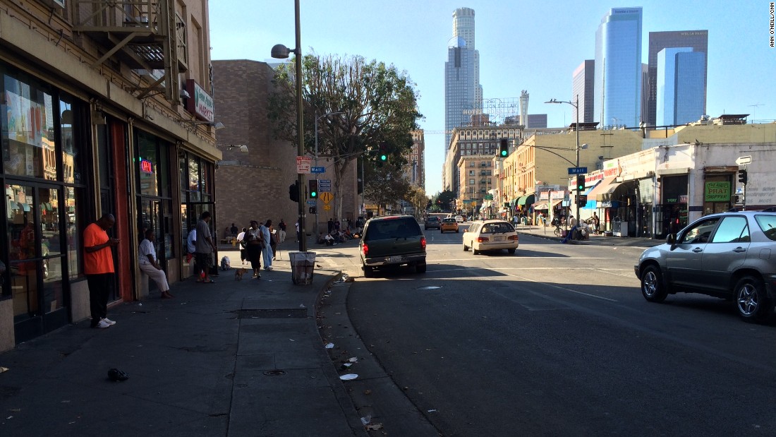 Skid Row is just a few short blocks from the gleaming office towers of downtown Los Angeles. 