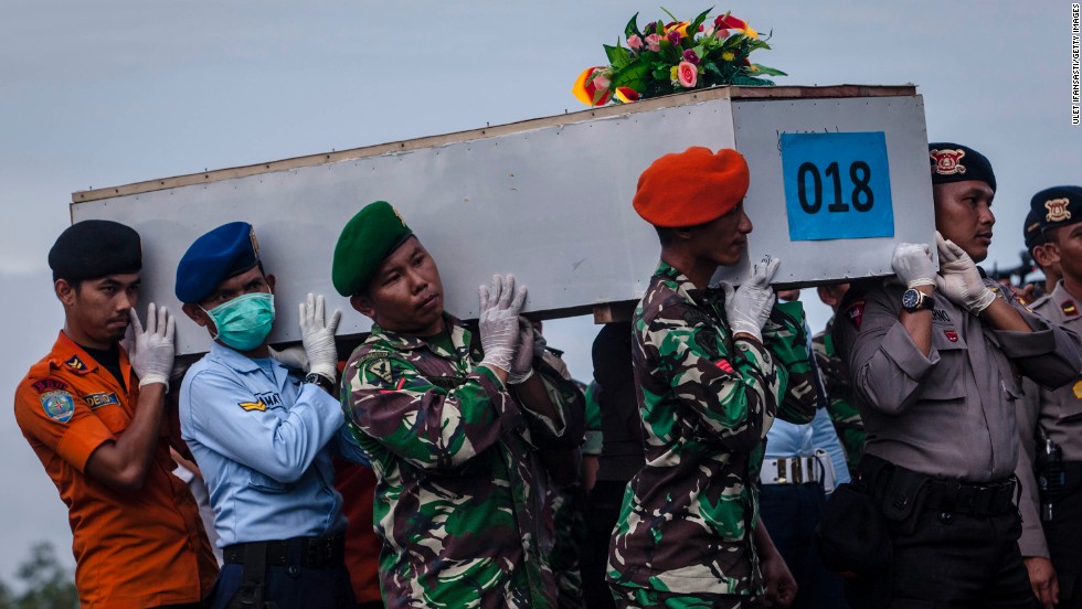 Members of an Indonesian search team carry a coffin at Iskandar Air Base on Friday, January 2.