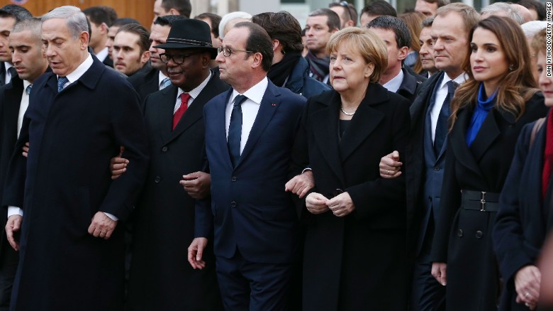 PARIS, FRANCE - JANUARY 11:  Israeli Prime Minister Benjamin Netanyahu, French President Francois Hollande, German Chancellor Angela Merkel and Queen Rania of Jordan attend a mass unity rally following the recent Paris terrorist attacks on January 11, 2015 in Paris, France. An estimated one million people have converged in central Paris  for the Unity March joining in solidarity with the 17 victims of this week&#39;s terrorist attacks in the country. French President Francois Hollande led the march and was joined by world leaders in a sign of unity. The terrorist atrocities started on Wednesday with the attack on the French satirical magazine Charlie Hebdo, killing 12, and ended on Friday with sieges at a printing company in Dammartin en Goele and a Kosher supermarket in Paris with four hostages and three suspects being killed. A fourth suspect, Hayat Boumeddiene, 26, escaped and is wanted in connection with the murder of a policewoman.  (Photo by Dan Kitwood/Getty Images)