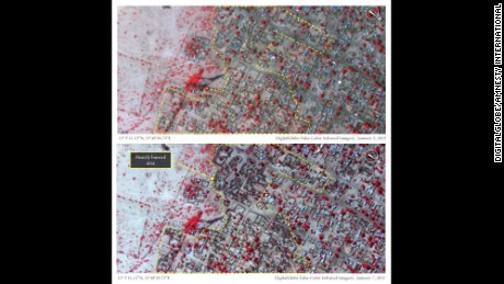 The top image of the northern Nigerian town of Baga, taken on January 2, 2015, shows thatch roof structures. These have been rebuilt since an attack on Baga in April 2013. The dark color in the bottom image, taken on January 7, 2015, represents burned areas, while the red indicates healthy vegetation.