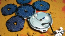 The Beagle 2 lander is shown in this European Space Agency image as it would have appeared on the surface of Mars, had it deployed properly.