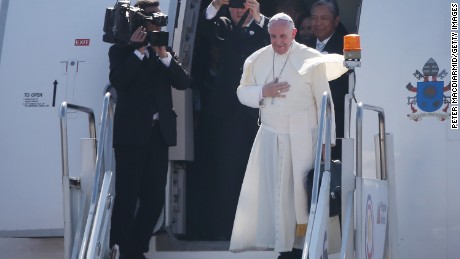 Pope Francis bids goodbye as he leaves Villamor Airbase for Rome on January 19 in Manila. Pope Francis has ended his five- day visit to the Philippines. The visit attracted millions as Filipino Catholics flocked to catch a glimpse of the leader of the Catholic Church. It was the first visit by a pope to the country since 1995.