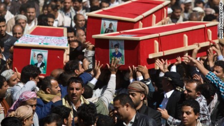 On Friday, January 23, Houthis carry coffins of those killed during recent clashes with presidential guard forces in Sanaa.