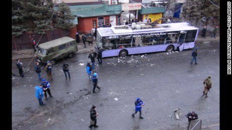 A trolleybus is damaged in Donetsk's Lenin District after its station was hit by a shell on January 22.