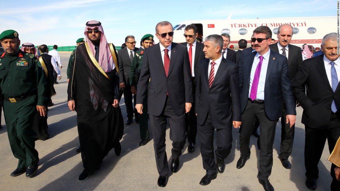 Turkish President Recep Tayyip Erdogan, third from left in the front row, arrives in Riyadh to attend the funeral.