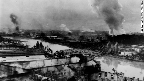 Manila burns following the bombing by the Japanese forces, and the fires set when they left the city as American troops recaptured it, as captured on February 27, 1945. 