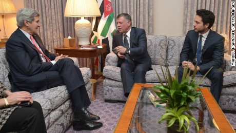 U.S. Secretary of State John Kerry, left, meets with Jordan's King Abdullah II, center, and Crown Prince Hussein on February 3 in Washington. Kerry described al-Kasasbeh as everything he says ISIS is not: "He was brave, compassionate and principled. That he was murdered after his father's plea for compassion reminds all the world that this foe has no agenda other than to kill and destroy and places no value on life, including that of fellow Muslims."