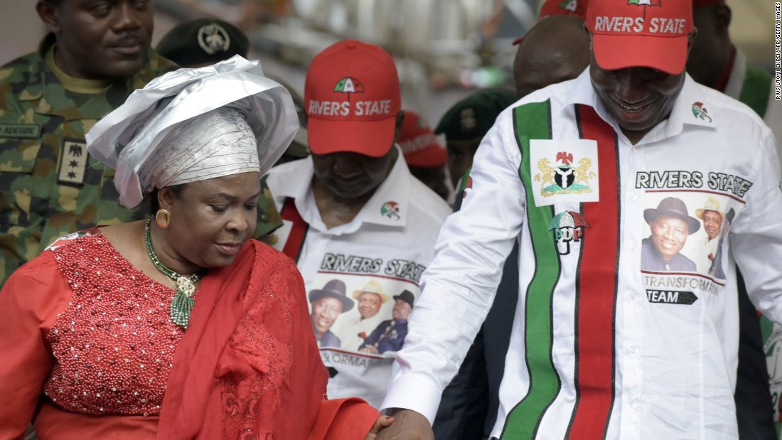 Incumbent President Goodluck Jonathan and his wife Patience arrive at a party rally in Port Harcourt in the oil-rich Niger Delta on January 28.<br /><br />