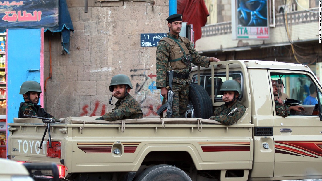 Yemeni soldiers guard the presidential palace in Sanaa on Friday, February 6.