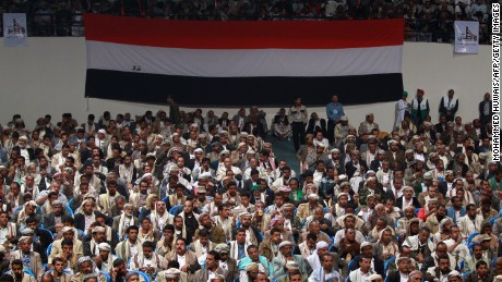 Members of the Houthi movement and their allies attend a meeting in the Yemeni capital on Sunday, February 1.