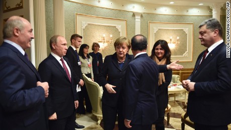 A recent ceasefire was brokered during marathon talks in Minsk, Belarus. From left, Belarusian President Alexander Lukashenko, Russian President Vladimir Putin, German Chancellor Angela Merkel, French President François Hollande and Ukrainian President Petro Poroshenko gather before negotiations begin on Wednesday, February 11.