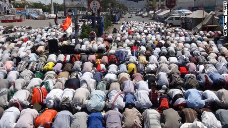 Supporters of the separatist Southern Movement perform prayers during a demonstration in Aden on Friday, February 13.