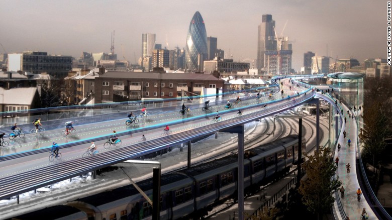 One of London's more ambitious proposals, the Norman Foster-designed elevated bike paths would use exisiting rail routes to shoot cyclists around the congested city. The design would comprise a total of 221km of bike paths on 10 routes, accommodating 12,000 cyclists per hour.