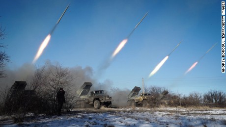 Pro-Russian rebels stationed in Horlivka launch missiles on Wednesday, February 18.