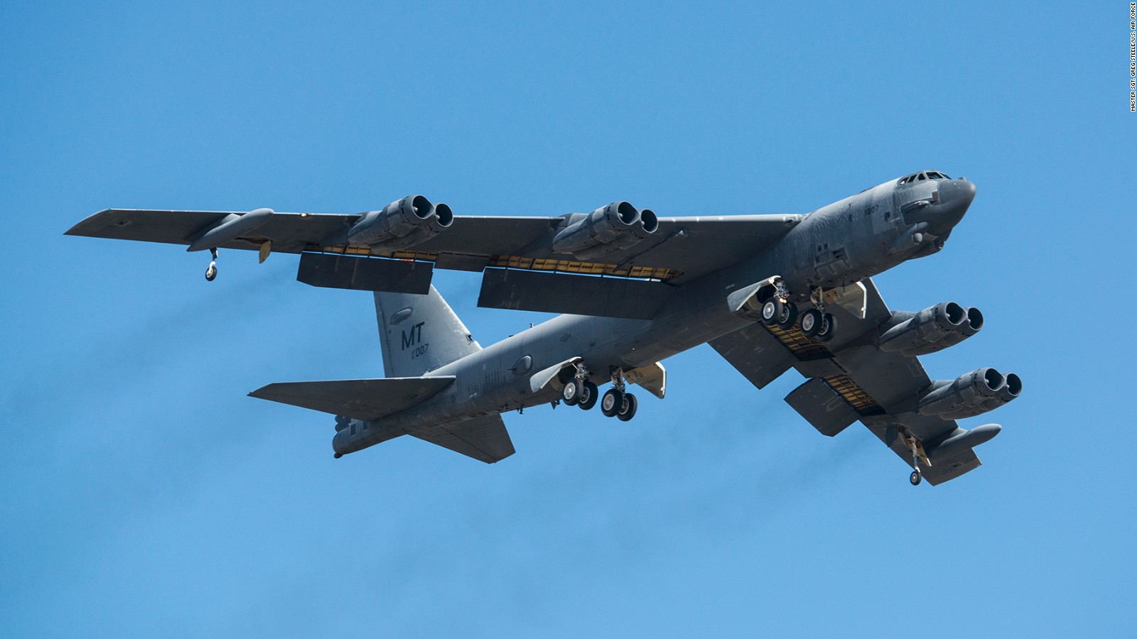 A B-52H Stratofortress takes off after being taken out of long term storage Feb. 13, 2015, at Davis-Monthan Air Force Base, Ariz. The aircraft was decommissioned in 2008 and has spent the last seven years sitting in the "Boneyard," but was selected to be returned to active status and will eventually rejoin the B-52 fleet. The B-52 was flown by the 309th Aerospace Maintenance and Regeneration Group. (U.S. Air Force photo/Master Sgt. Greg Steele/U.S. Air Force)