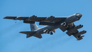 A B-52H Stratofortress takes off after being taken out of long term storage Feb. 13, 2015, at Davis-Monthan Air Force Base, Ariz. The aircraft was decommissioned in 2008 and has spent the last seven years sitting in the &quot;Boneyard,&quot; but was selected to be returned to active status and will eventually rejoin the B-52 fleet. The B-52 was flown by the 309th Aerospace Maintenance and Regeneration Group. (U.S. Air Force photo/Master Sgt. Greg Steele/U.S. Air Force)