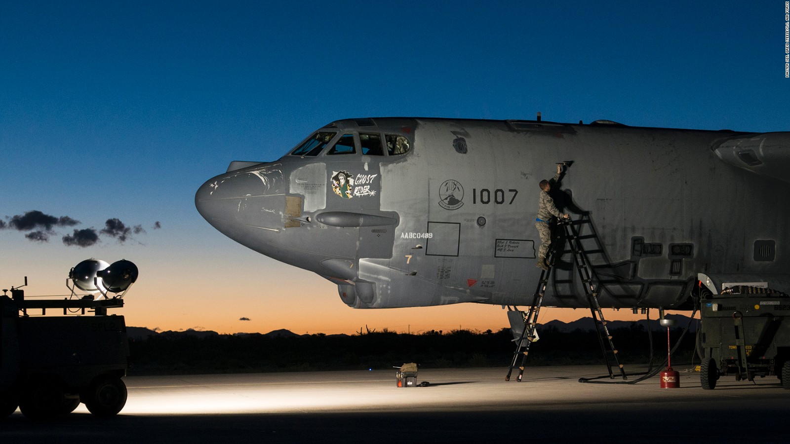The "Ghost Rider" is prepared for an early morning taxi test on Feb. 12, 2015, Davis-Monthan Air Force Base, Ariz. The B-52H Stratofortress was decommissioned in 2008 and has been sitting in the 309th Aerospace Maintenance and Regeneration Group's "Boneyard", but is being restored to join the active fleet of B-52s. (U.S. Air Force photo by Master Sgt. Greg Steele/Released)
