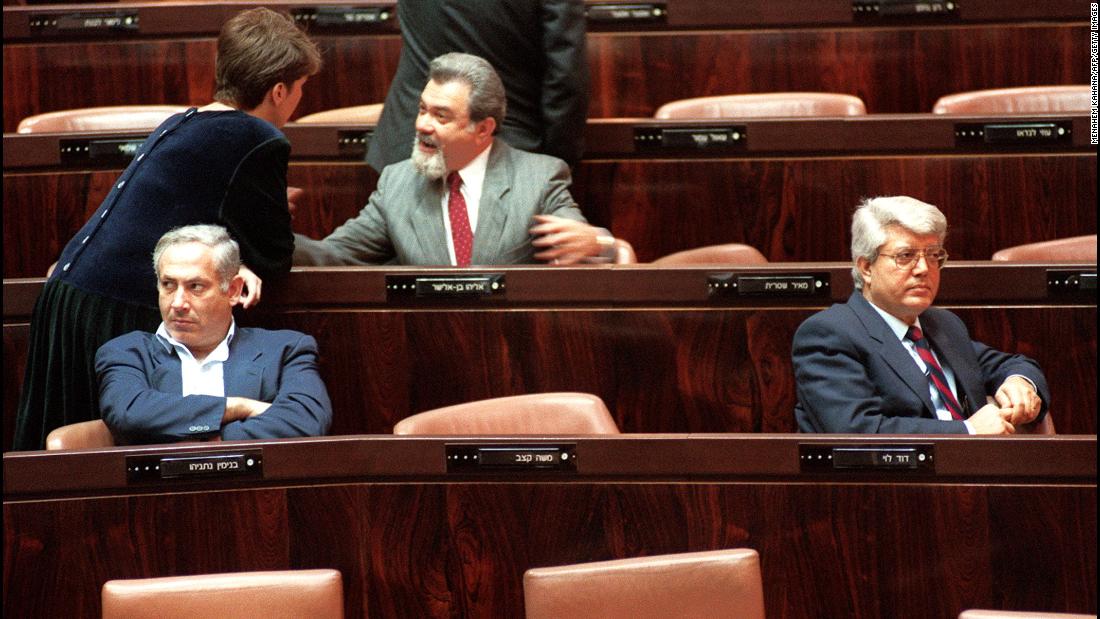 Netanyahu and former foreign minister David Levy sit in the Knesset during the vote for a new Israeli President on March 24, 1993.