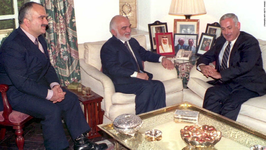 Netanyahu meets with King Hussein of Jordan, center, and Crown Prince Hassan in December 1994. It was Netanyahu's first visit to Jordan.