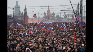 People march in memory of Russian opposition leader Boris Nemtsov in Moscow on Sunday, March 1. Nemtsov, a vocal opponent of Russian President Vladimir Putin&#39;s, was gunned down hundreds of feet away from the Kremlin on Friday, February 27. The assassination has spawned a flood of conspiracy theories; many suspect the Kremlin of either direct or indirect involvement. Putin condemned the killing and ordered three law enforcement agencies to investigate the shooting, the Kremlin said.