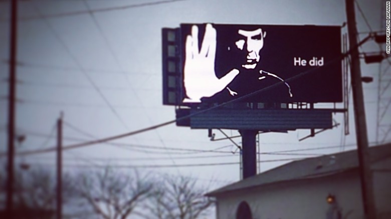 Fans have been sharing touching &quot;live long and prosper&quot; tributes since legendary &#39;Star Trek&quot; actor Leonard Nimoy passed away on Friday. This billboard is one of several that showed up in Atlanta. Jen Rafanan spotted this one on the west side of town. &quot;It is a beautiful, simple, and inspiring tribute to a man who was all those things.&quot; The billboard company later &lt;a href=&quot;http://ireport.cnn.com/docs/DOC-1221053&quot;&gt;released a statement &lt;/a&gt;saying they wished to pay tribute to Nimoy and placed 15 such images around Atlanta.