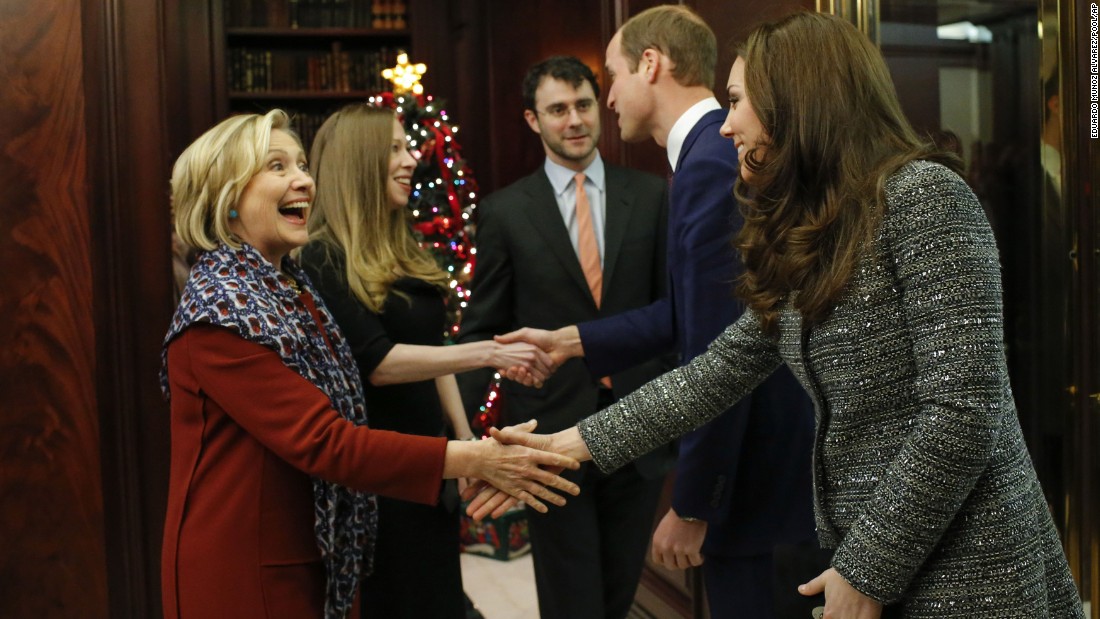 Clinton shakes hands with Catherine, the Duchess of Cambridge, while attending a reception with Prince William, second from right, in New York in December.