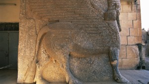 Relief of a human-headed winged lion in Palace of Ashurnasirpal II, in Nimrud, Iraq. 