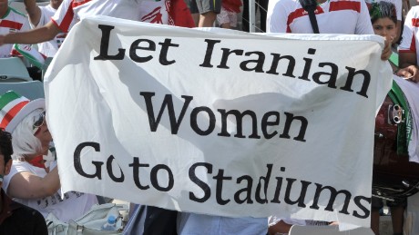 Iranian supporters display a banner calling for an end to Iran's stadium ban on women during the Asian Cup quarterfinal in Canberra. 