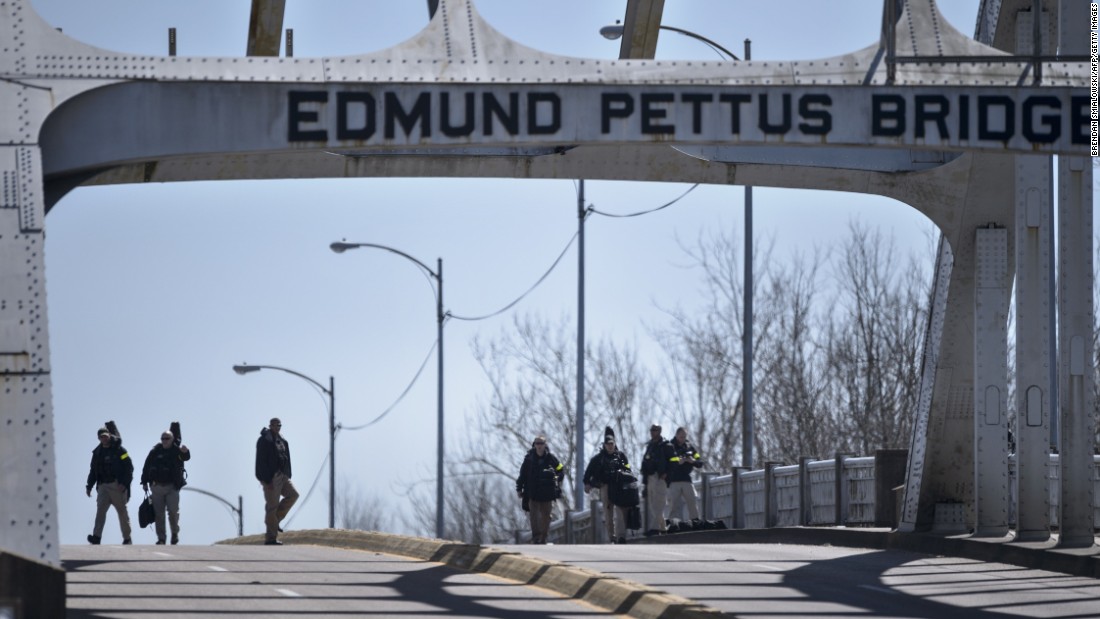 U.S. Secret Service snipers inspect the Edmund Pettus Bridge.
