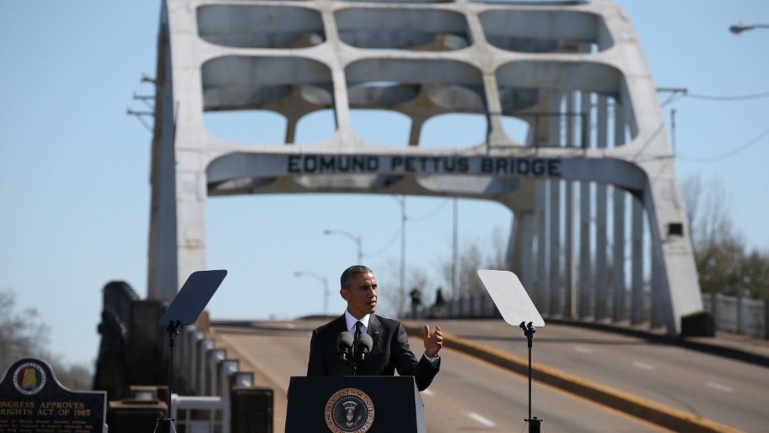 President Barack Obama speaks in front of the Edmund Pettus Bridge during ceremonies commemorating the &quot;Bloody Sunday&quot; confrontation between civil rights marchers and state troopers at the bridge 50 years ago.