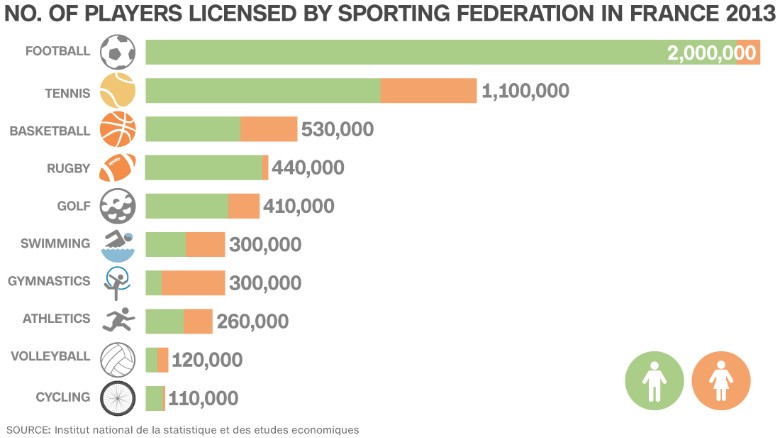 Number of players licensed by sporting federation in France 2013