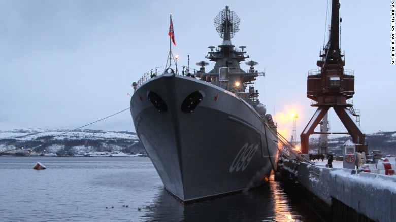 SEVEROMORSK, RUSSIA - JANUARY 10: The heavy nuclear-powered missile cruiser Pyotr Veliky is seen at the Russian Northern Fleet's base January 10, 2013 in Severomorsk, Russia. Russian President Vladimir Putin awarded the crew of the Pyotr Veliky the Nakhimov order. (Photo by Sasha Mordovets/Getty Images)