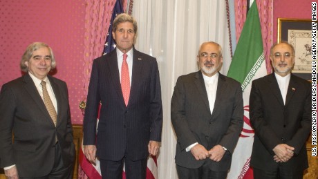 Kerry, second from left, meets Iranian Foreign Minister Mohammad Javad Zarif, second from right, for talks in Lausanne, Switzerland, on Monday, March 16. At the far left is U.S. Secretary of Energy Ernest Moniz. At the far right is Ali Akbar Salehi, head of Iran's Atomic Energy Organization.