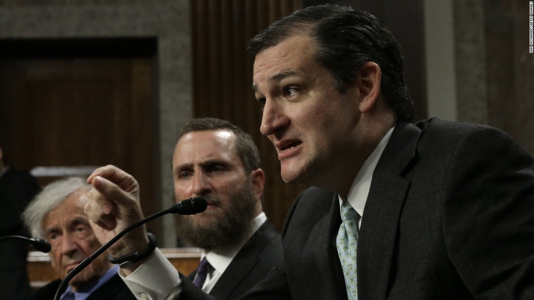 Nobel Peace Laureate Elie Wiesel (left) listens as Cruz (right) speaks during a roundtable discussion on Capitol Hill March 2, 2015 in Washington, D.C. Wiesel, Cruz and Rabbi Scmuley Boteach (center) participated in a discussion entitled 'The Meaning of Never Again: Guarding Against a Nuclear Iran.'