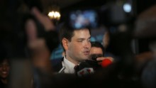 Rubio speaks with the media after delivering remarks during the graduation of small business owners from the Goldman Sachs 10,000 Small Businesses program held in Miami in February.