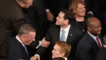 Rubio, center, arrives in the House chamber ahead of Israeli Prime Minister Benjamin Netanyahu's address to a joint meeting of the U.S. Congress in March.
