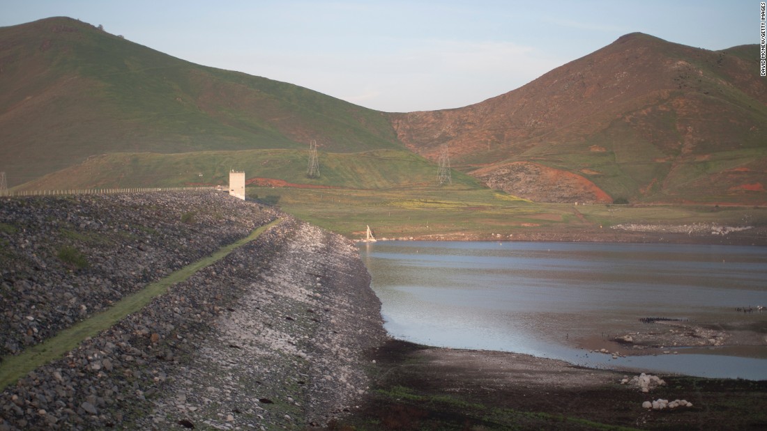 Low water is seen at the dam of Lake Success, near East Porterville, California, on Wednesday, February 11.