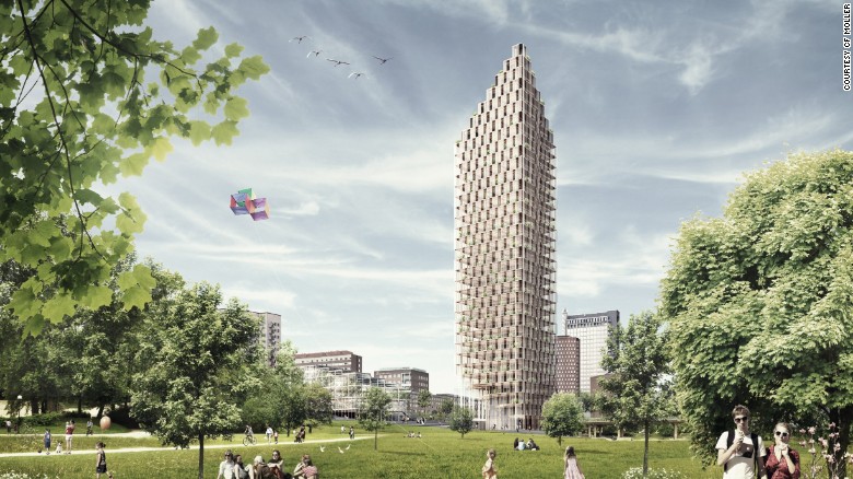 Architects C.F. Møller have designed a 34-story, wood-framed residential tower for the center of Stockholm. It could be built by 2023.
