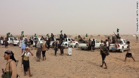 Thousands of armed Yemeni tribal members gather in the southern province of Shabwa on Monday, February 23.
