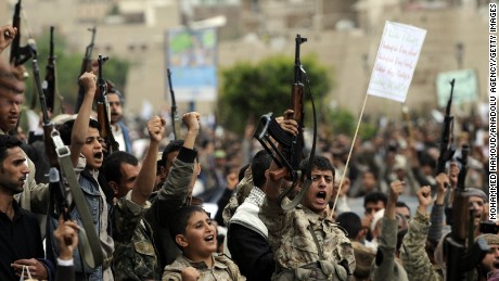Yemeni supporters of the Houthi movement attend a demonstration against Saudi military operations Thursday, March 26, in Sanaa, Yemen. Saudi and allied warplanes struck Houthi rebels in Yemen on Thursday, a day after President Abdu Rabu Mansour Hadi reportedly fled from the country.