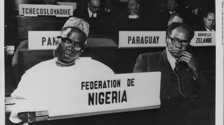 Nigerian delegates, the Minister of Education GE Okeke, and Advisor on Education FI Ajumogobia attend a UNESCO Conference in Paris, November 18th 1960. 