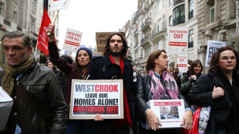 Comedian Russell Brand joins residents and supporters from the New Era housing estate in East London at a demonstration in 2014.