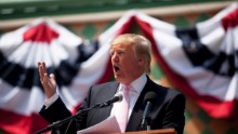 Billionaire Donald Trump speaks to a crowd at the 2011 Palm Beach County Tax Day Tea Party on April 16, 2011 at Sanborn Square in Boca Raton, Florida.