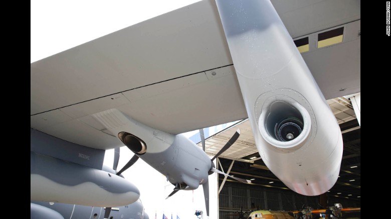 A refueling port is pictured on the wing of a Lockheed Martin C130J Super Hercules during a press conference to honor the 60th anniversary of the military transport plane on Tuesday, April 7, 2015 in Marietta, GA.