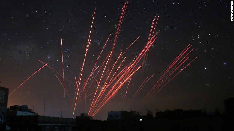 The sky over Sanaa, Yemen, is illuminated by anti-aircraft fire during a Saudi-led airstrike on Friday, April 17. The coalition&#39;s warplanes have been carrying out strikes against Houthi rebels since President Abdu Rabu Mansour Hadi fled the country in late March.