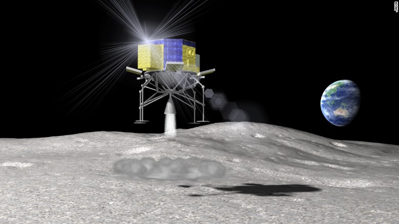 An artist&#39;s impression of JAXA&#39;s SLIM (Smart Lander for Investigating Moon) rover landing on the moon&#39;s surface.