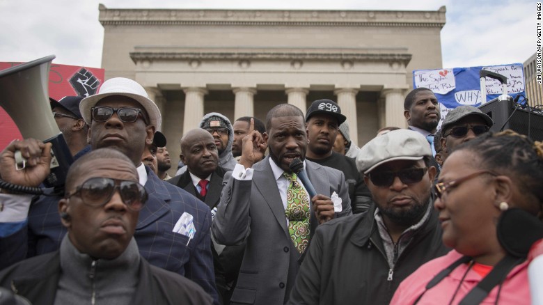 Empowerment Temple Pastor Jamal Harrison Bryant speaks in front of City Hall in Baltimore on April 23.