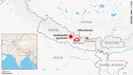 Map of Nepal earthquake epicenter and aftershock locations