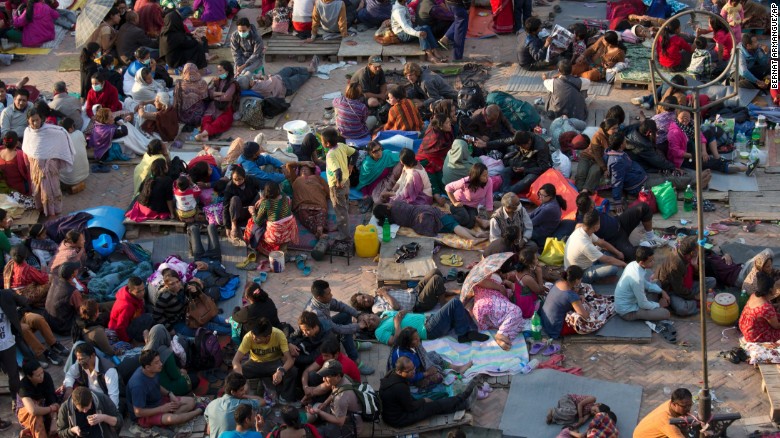 People gather in the open in Kathmandu after the earthquake. 