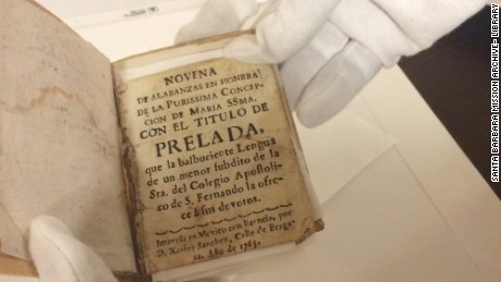 This is Serra's personal "novena" prayer book, which is kept in the archives of Old Mission Santa Barbara. The first page is in Spanish.